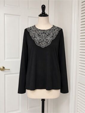 Kobi Halperin Black Long-Sleeve Top with Silver Embroidered Yoke